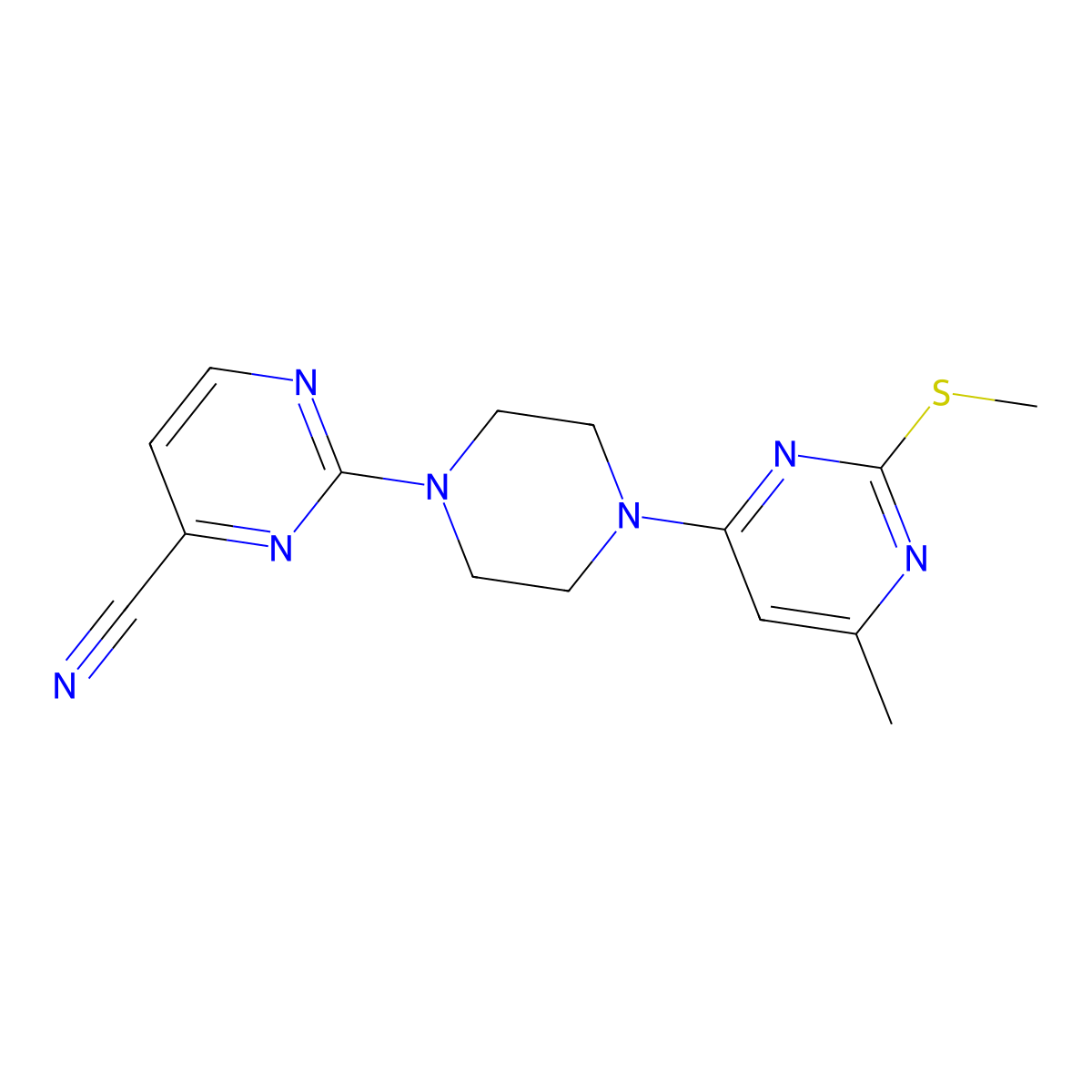 2-{4-[6-Methyl-2-(methylsulfanyl)pyrimidin-4-yl]piperazin-1-yl}pyrimidine-4-carbonitrile molecular structure, CAS 2549031-23-2