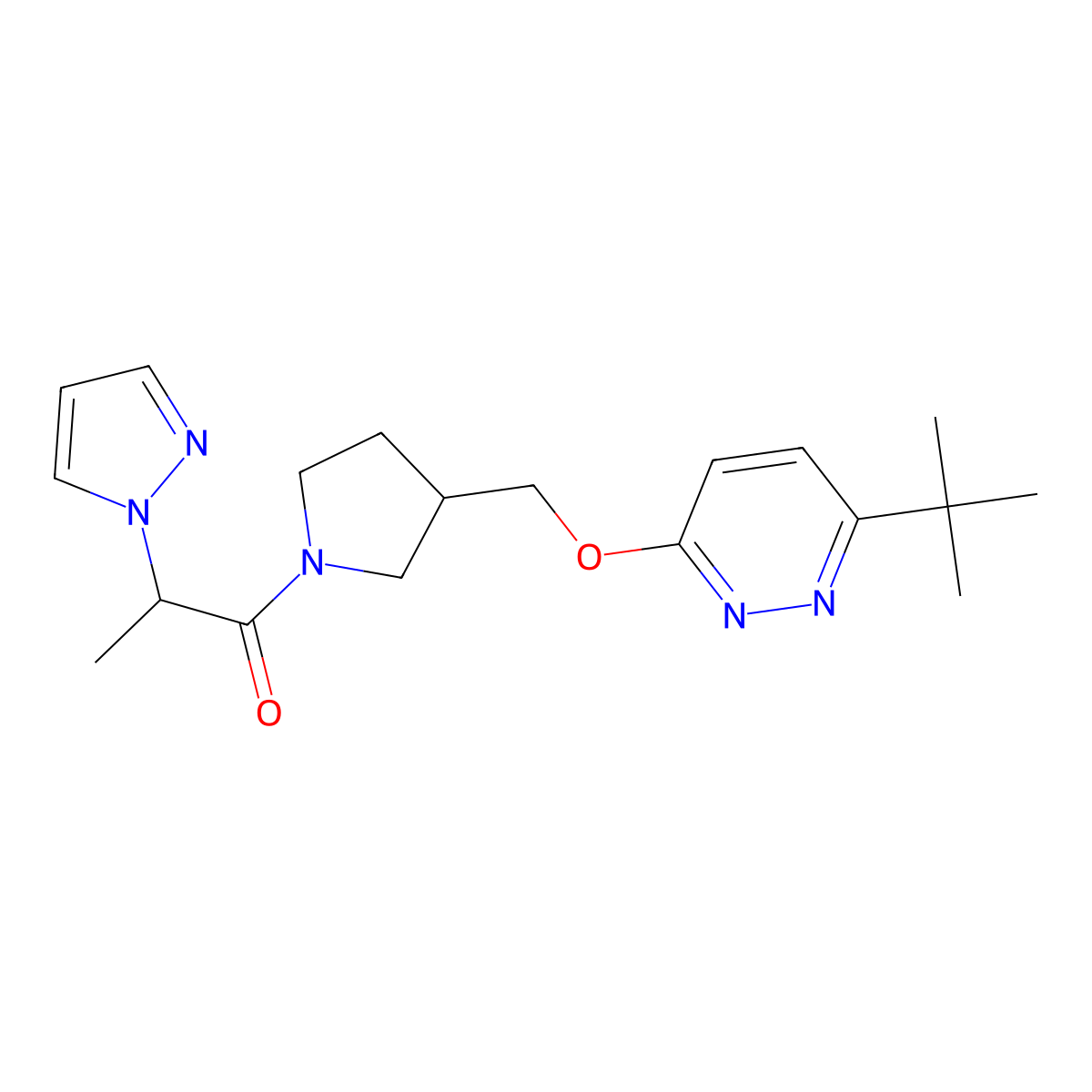 1-(3-{[(6-tert-butylpyridazin-3-yl)oxy]methyl}pyrrolidin-1-yl)-2-(1H-pyrazol-1-yl)propan-1-one molecular structure, CAS 2549031-30-1