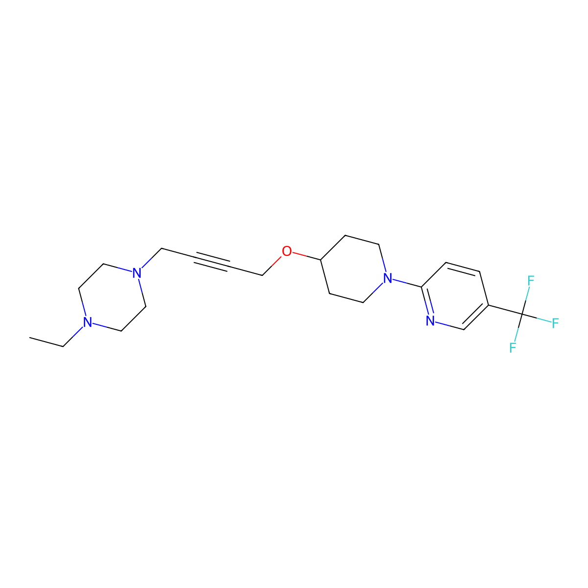 1-Ethyl-4-[4-({1-[5-(trifluoromethyl)pyridin-2-yl]piperidin-4-yl}oxy)but-2-yn-1-yl]piperazine molecular structure, CAS 2549031-31-2