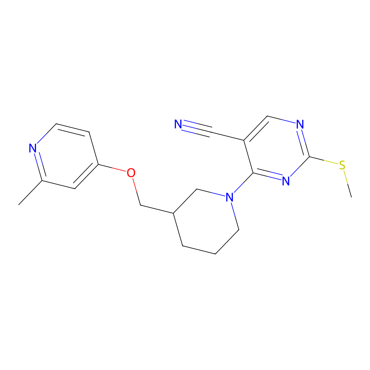 4-(3-{[(2-Methylpyridin-4-yl)oxy]methyl}piperidin-1-yl)-2-(methylsulfanyl)pyrimidine-5-carbonitrile molecular structure, CAS 2549031-43-6