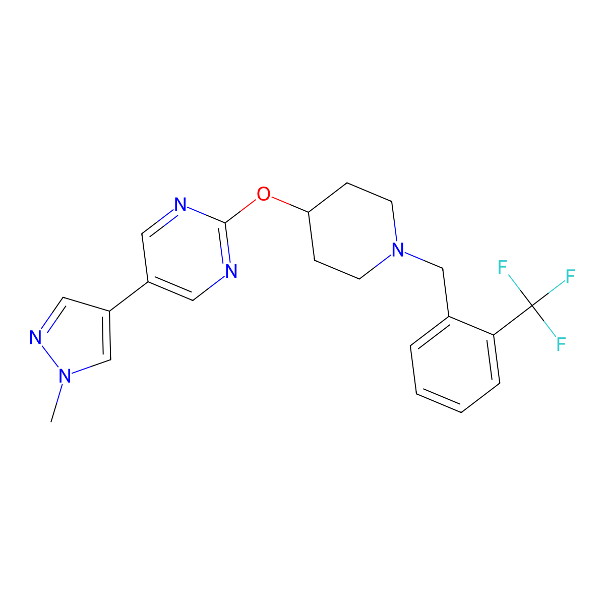5-(1-methyl-1H-pyrazol-4-yl)-2-[(1-{[2-(trifluoromethyl)phenyl]methyl}piperidin-4-yl)oxy]pyrimidine molecular structure, CAS 2549031-55-0