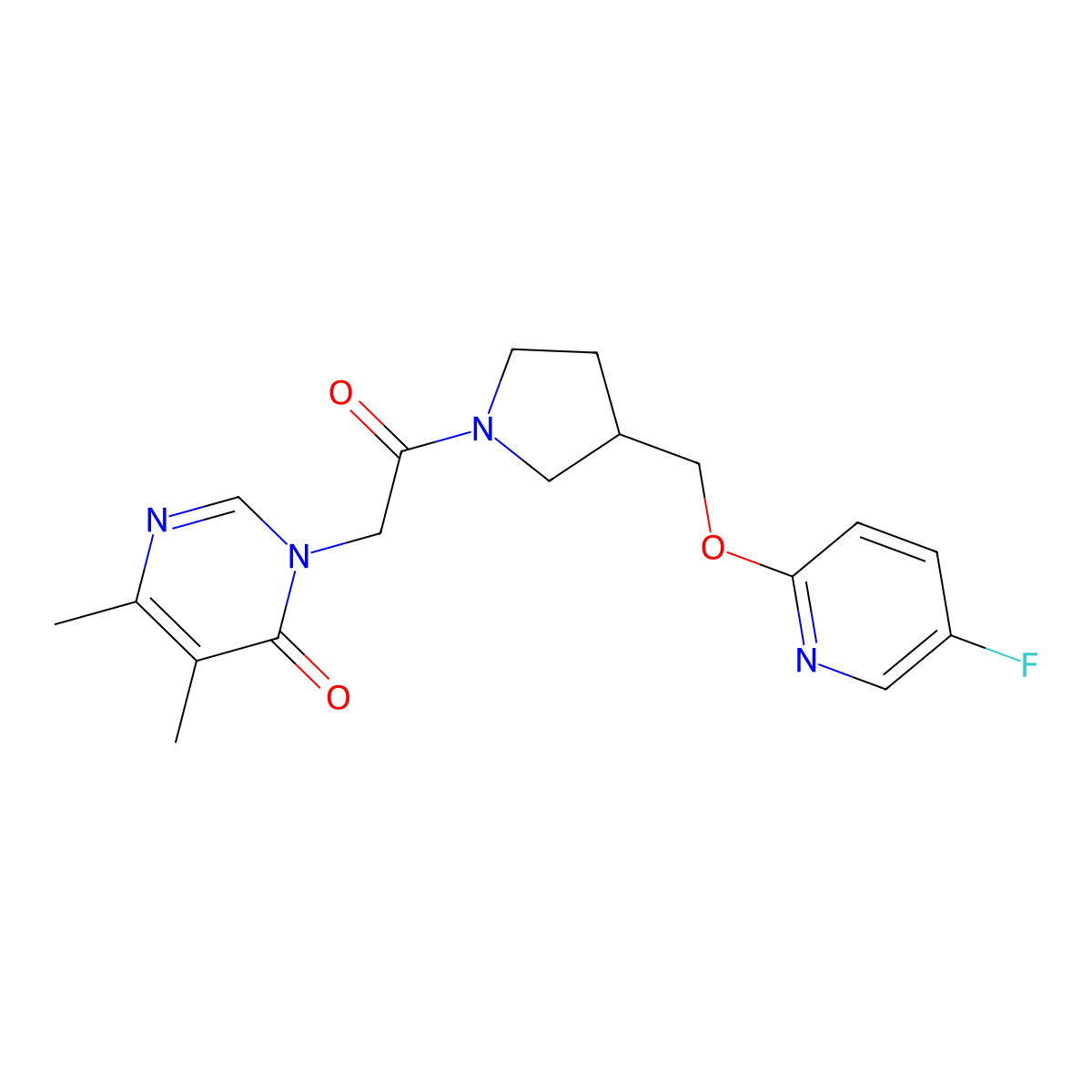 3-[2-(3-{[(5-Fluoropyridin-2-yl)oxy]methyl}pyrrolidin-1-yl)-2-oxoethyl]-5,6-dimethyl-3,4-dihydropyrimidin-4-one molecular structure, CAS 2549031-56-1