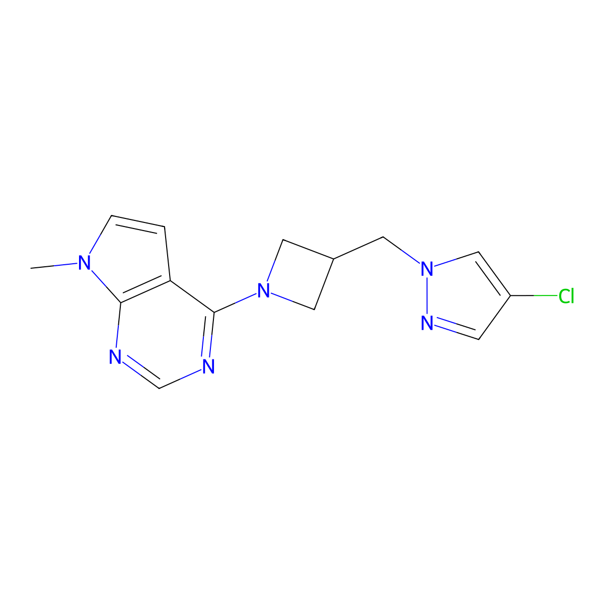 4-chloro-1-[(1-{7-methyl-7H-pyrrolo[2,3-d]pyrimidin-4-yl}azetidin-3-yl)methyl]-1H-pyrazole molecular structure, CAS 2549031-58-3
