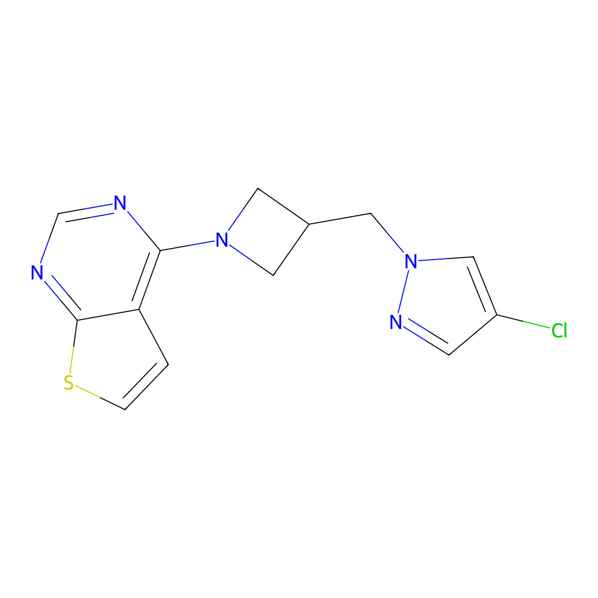 4-chloro-1-[(1-{thieno[2,3-d]pyrimidin-4-yl}azetidin-3-yl)methyl]-1H-pyrazole molecular structure, CAS 2549031-61-8