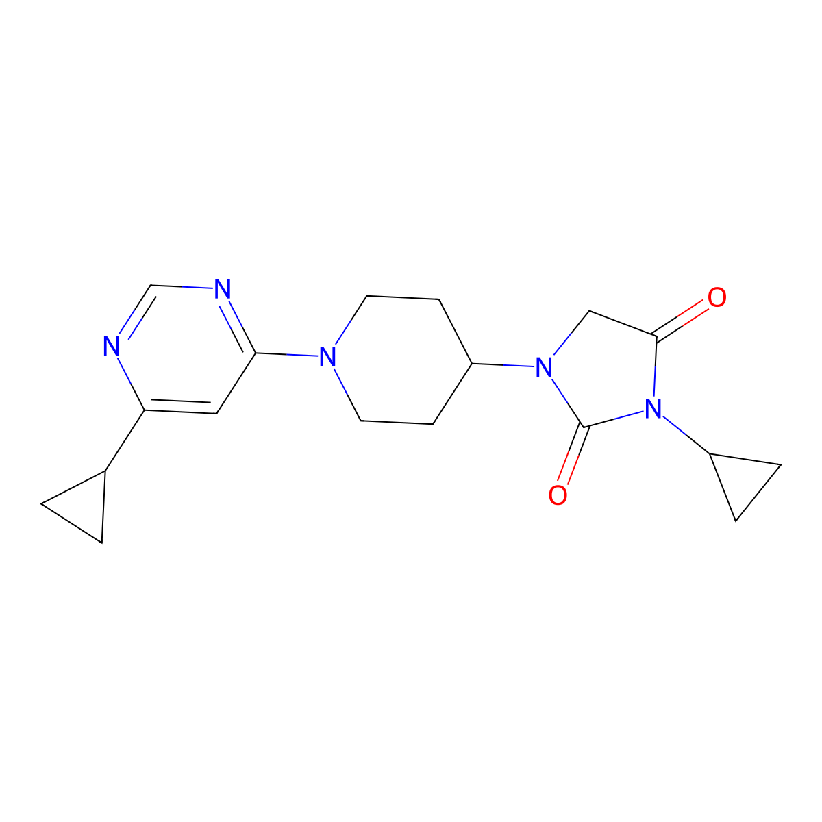 3-Cyclopropyl-1-[1-(6-cyclopropylpyrimidin-4-yl)piperidin-4-yl]imidazolidine-2,4-dione molecular structure, CAS 2549031-72-1