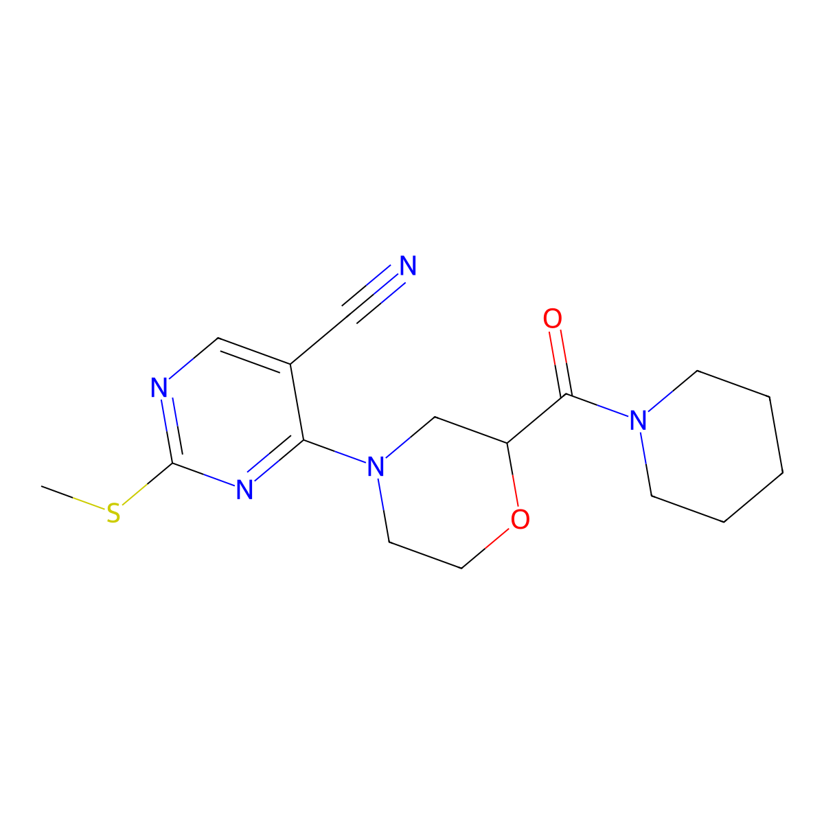 2-(Methylsulfanyl)-4-[2-(piperidine-1-carbonyl)morpholin-4-yl]pyrimidine-5-carbonitrile molecular structure, CAS 2549031-73-2