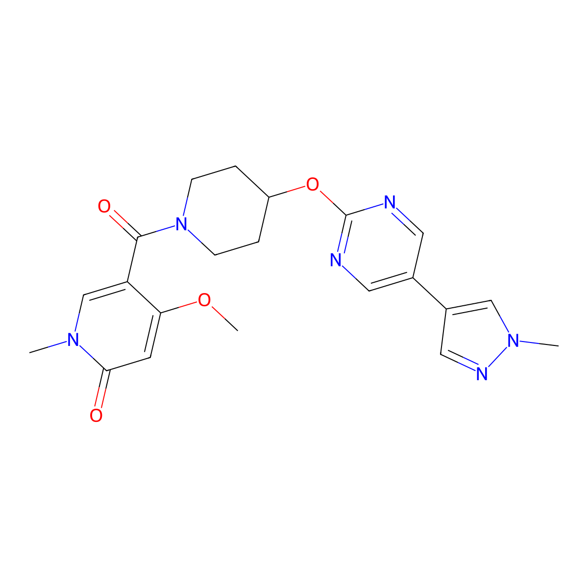 4-methoxy-1-methyl-5-(4-{[5-(1-methyl-1H-pyrazol-4-yl)pyrimidin-2-yl]oxy}piperidine-1-carbonyl)-1,2-dihydropyridin-2-one molecular structure, CAS 2549031-92-5