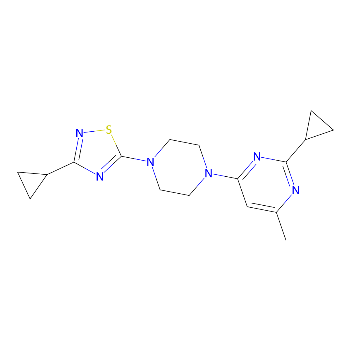 2-Cyclopropyl-4-[4-(3-cyclopropyl-1,2,4-thiadiazol-5-yl)piperazin-1-yl]-6-methylpyrimidine molecular structure, CAS 2549032-09-7