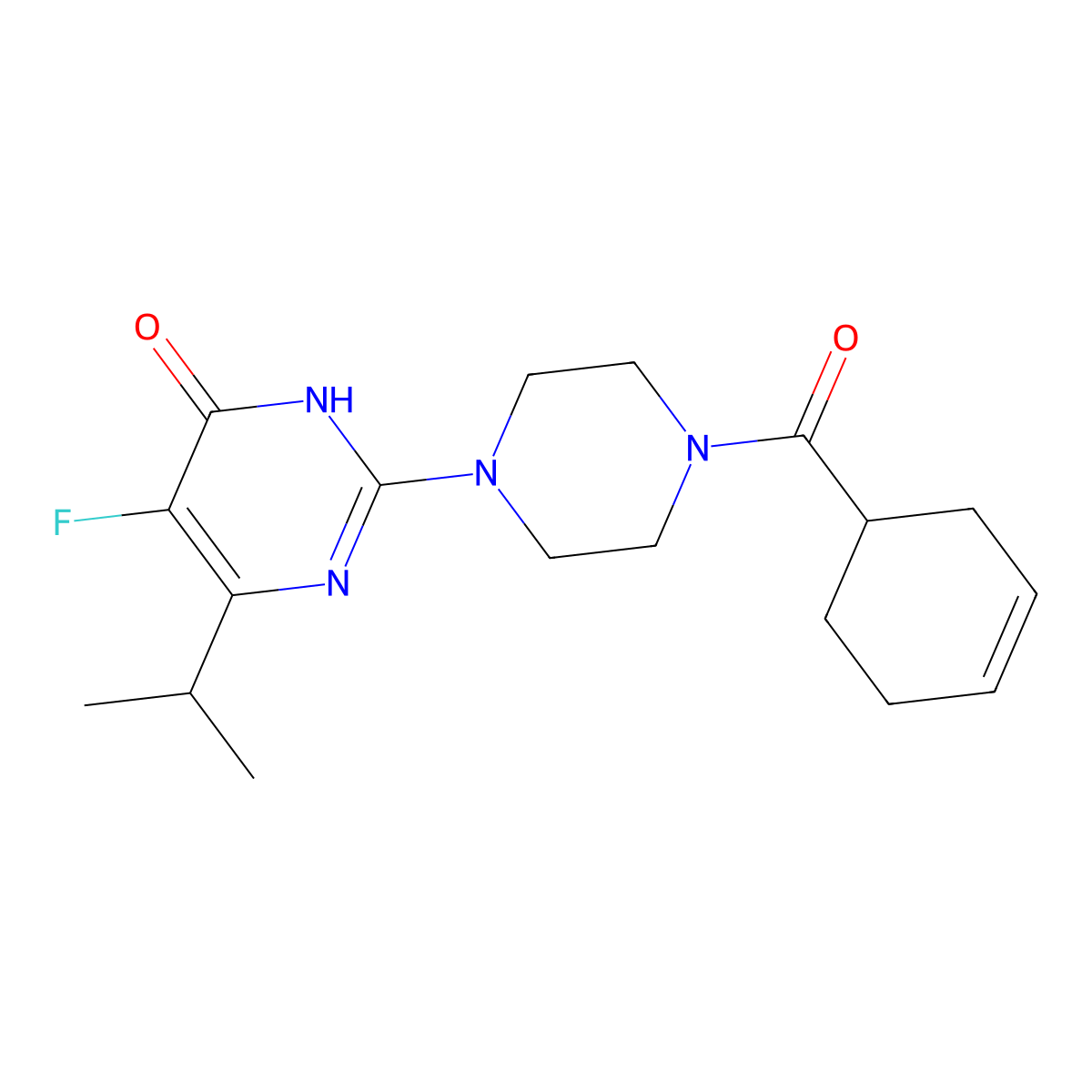 2-[4-(Cyclohex-3-ene-1-carbonyl)piperazin-1-yl]-5-fluoro-6-(propan-2-yl)-3,4-dihydropyrimidin-4-one molecular structure, CAS 2549032-21-3