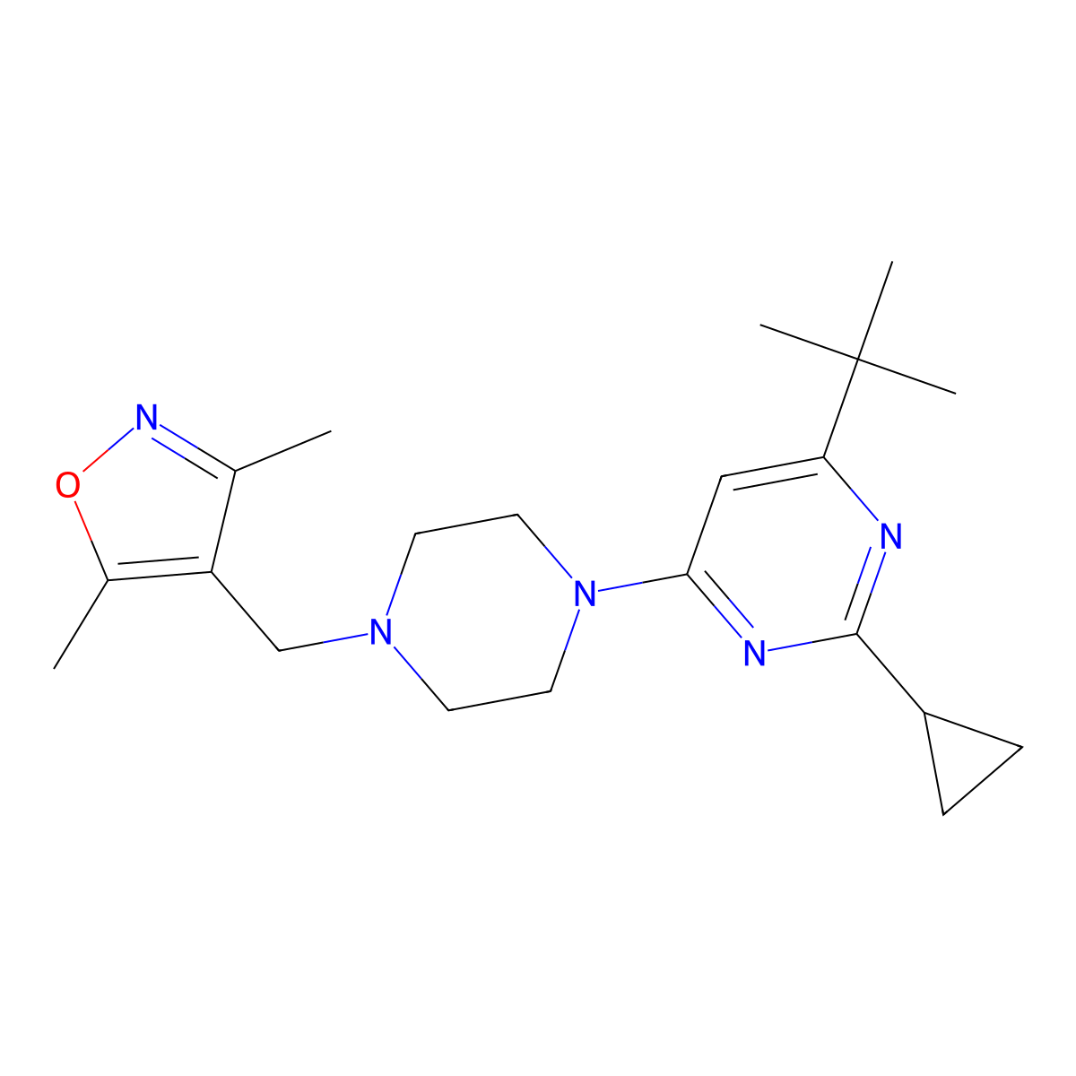 4-Tert-butyl-2-cyclopropyl-6-{4-[(3,5-dimethyl-1,2-oxazol-4-yl)methyl]piperazin-1-yl}pyrimidine molecular structure, CAS 2549032-24-6