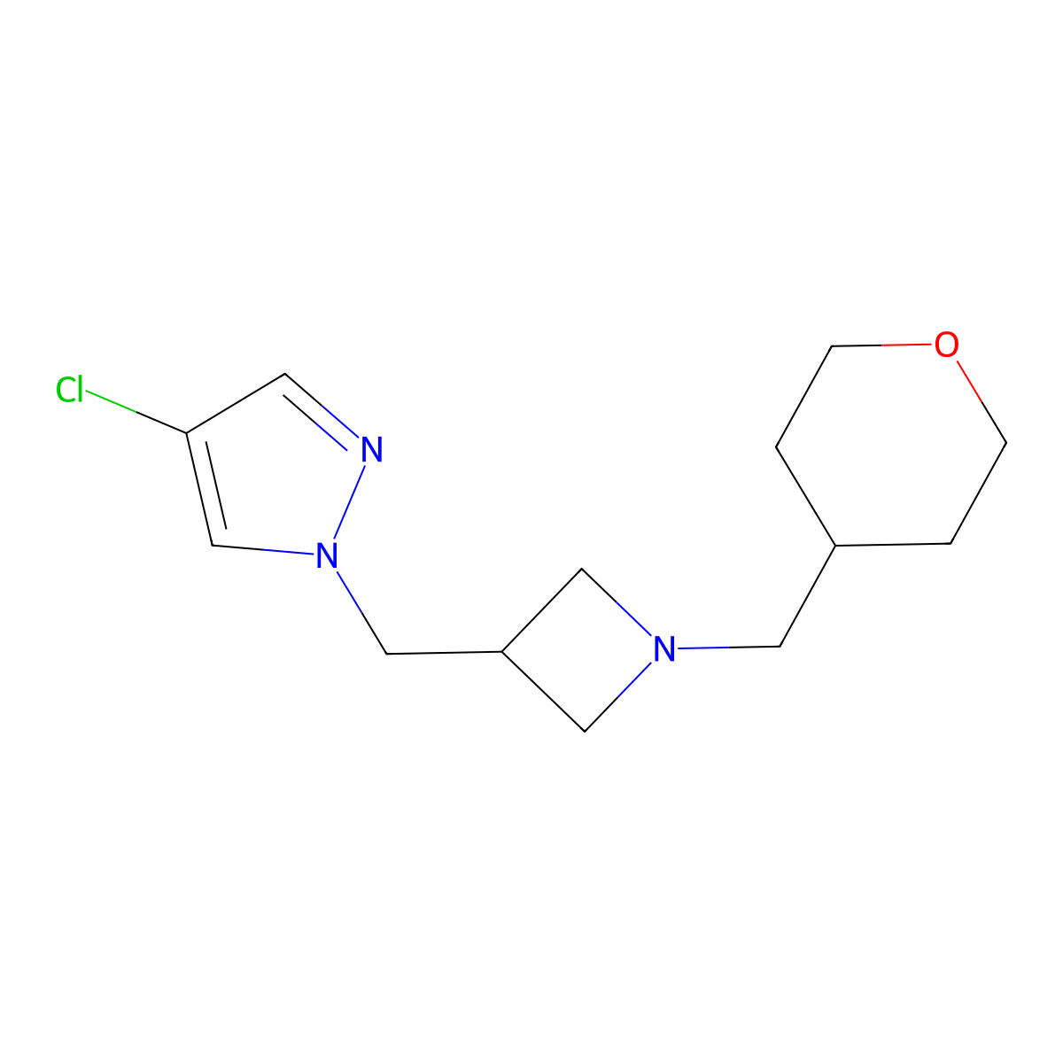 4-chloro-1-({1-[(oxan-4-yl)methyl]azetidin-3-yl}methyl)-1H-pyrazole molecular structure, CAS 2549032-27-9