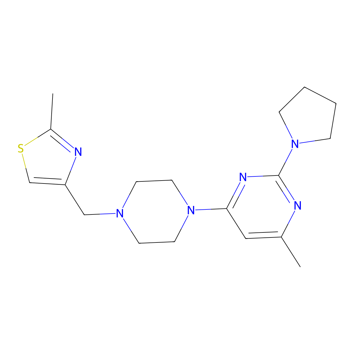 4-Methyl-6-{4-[(2-methyl-1,3-thiazol-4-yl)methyl]piperazin-1-yl}-2-(pyrrolidin-1-yl)pyrimidine molecular structure, CAS 2549032-28-0