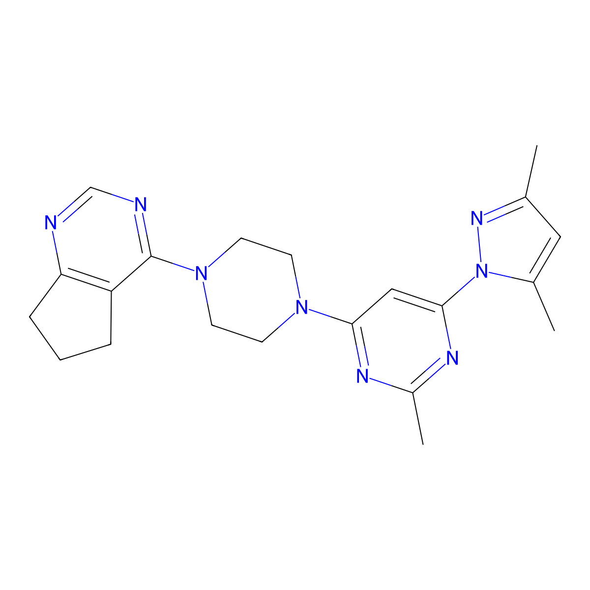 4-(4-{5H,6H,7H-cyclopenta[d]pyrimidin-4-yl}piperazin-1-yl)-6-(3,5-dimethyl-1H-pyrazol-1-yl)-2-methylpyrimidine molecular structure, CAS 2549032-32-6