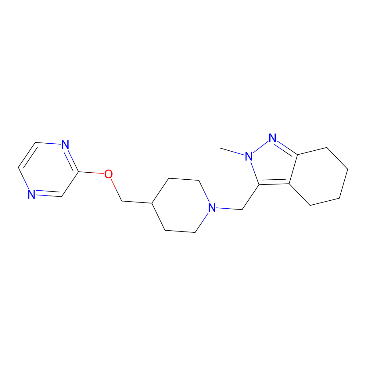 2-methyl-3-({4-[(pyrazin-2-yloxy)methyl]piperidin-1-yl}methyl)-4,5,6,7-tetrahydro-2H-indazole molecular structure, CAS 2549032-38-2