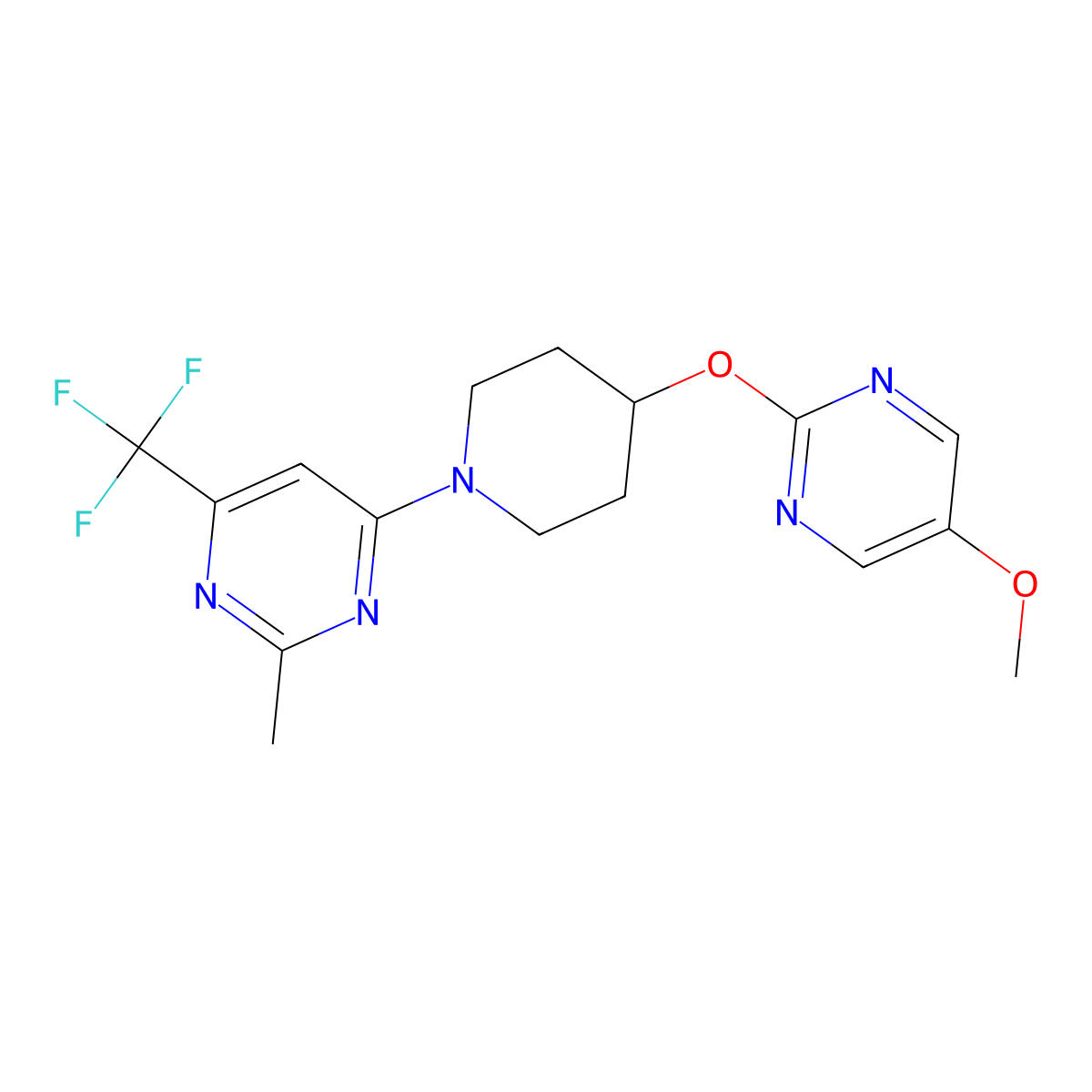 4-{4-[(5-Methoxypyrimidin-2-yl)oxy]piperidin-1-yl}-2-methyl-6-(trifluoromethyl)pyrimidine molecular structure, CAS 2549032-40-6