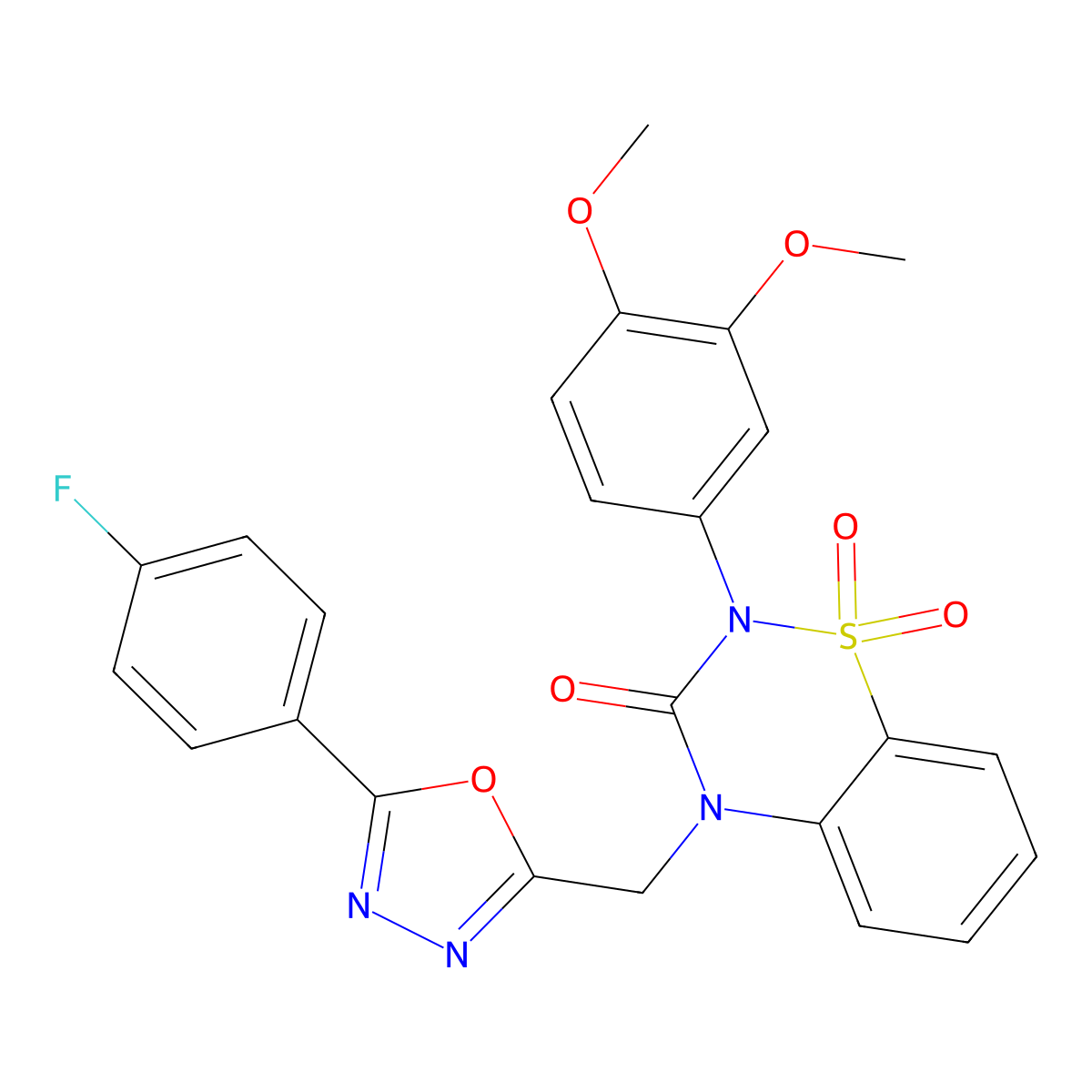 2-(3,4-dimethoxyphenyl)-4-{[5-(4-fluorophenyl)-1,3,4-oxadiazol-2-yl]methyl}-3,4-dihydro-2H-1lambda6,2,4-benzothiadiazine-1,1,3-trione molecular structure, CAS 2549032-46-2