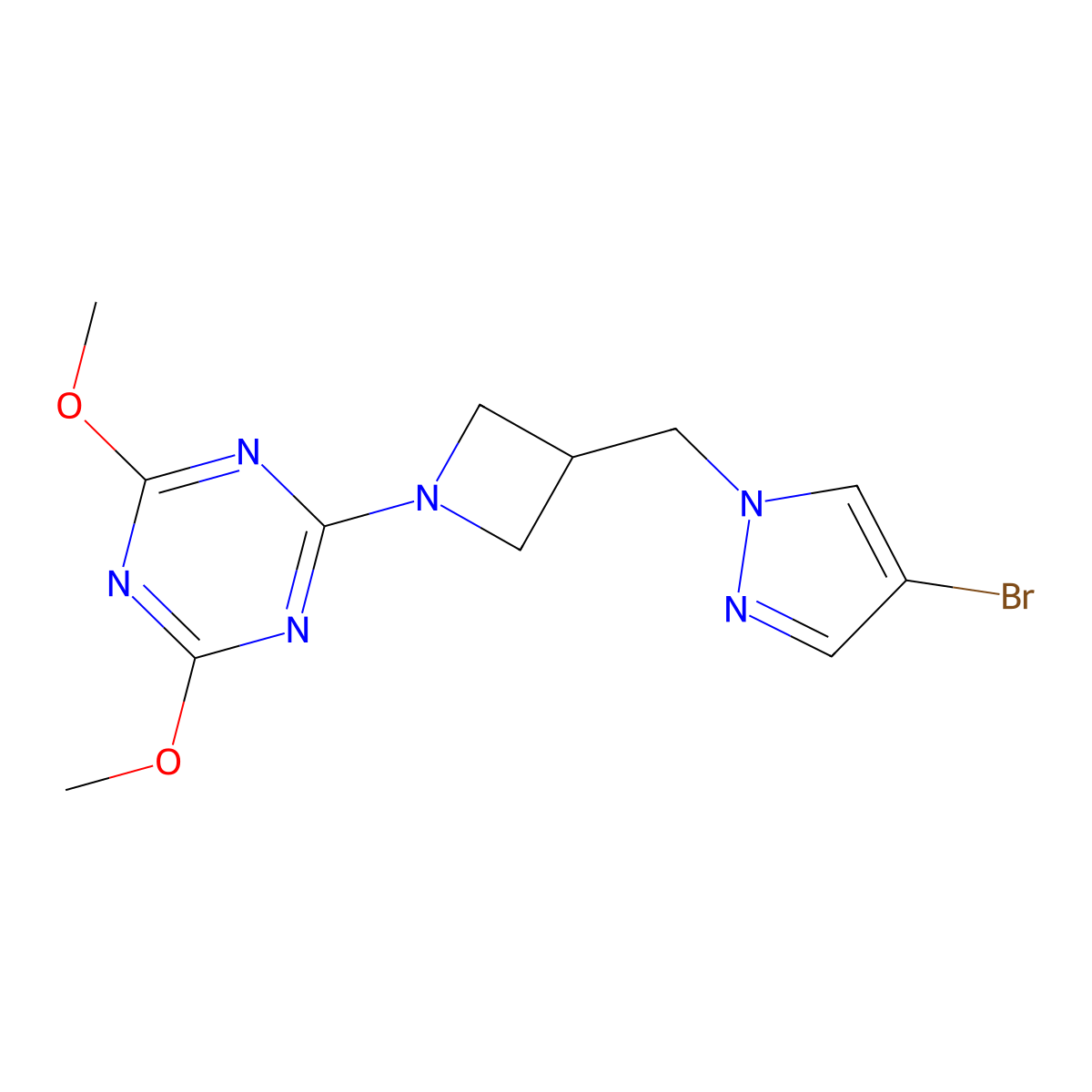 2-{3-[(4-bromo-1H-pyrazol-1-yl)methyl]azetidin-1-yl}-4,6-dimethoxy-1,3,5-triazine molecular structure, CAS 2549032-48-4