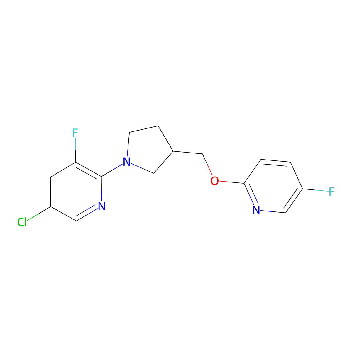 5-Chloro-3-fluoro-2-(3-{[(5-fluoropyridin-2-yl)oxy]methyl}pyrrolidin-1-yl)pyridine molecular structure, CAS 2549032-51-9