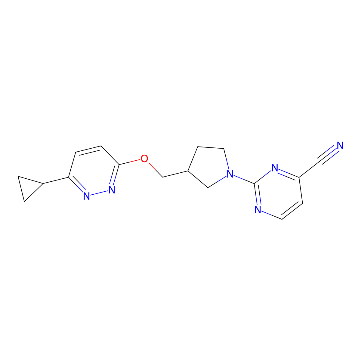 2-(3-{[(6-Cyclopropylpyridazin-3-yl)oxy]methyl}pyrrolidin-1-yl)pyrimidine-4-carbonitrile molecular structure, CAS 2549032-54-2