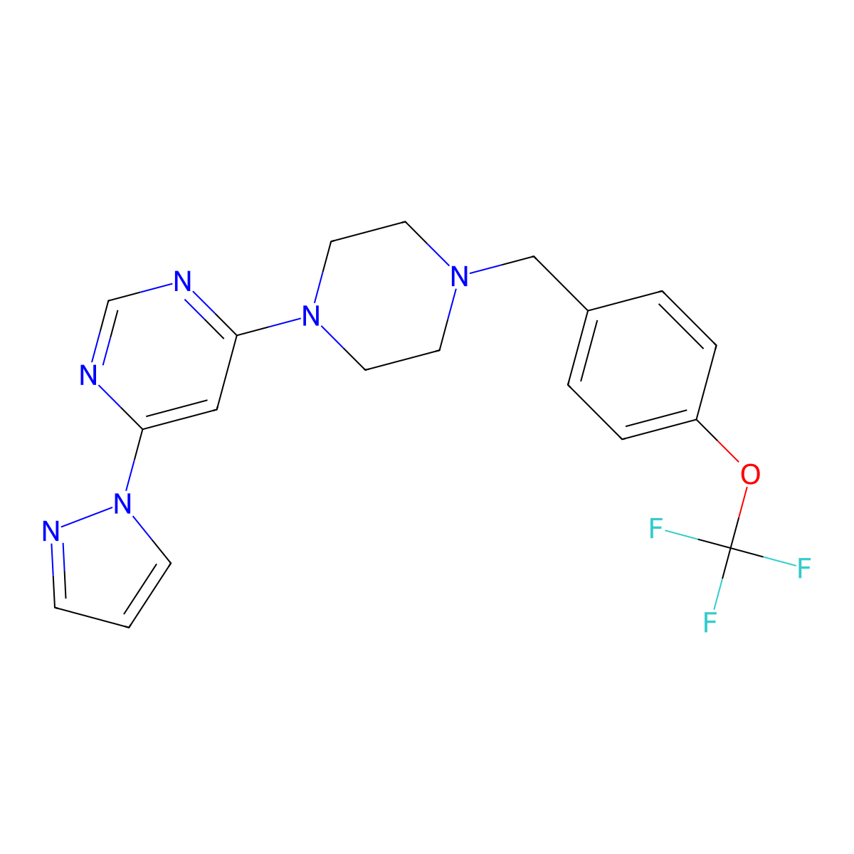 4-(1H-pyrazol-1-yl)-6-(4-{[4-(trifluoromethoxy)phenyl]methyl}piperazin-1-yl)pyrimidine molecular structure, CAS 2549032-55-3