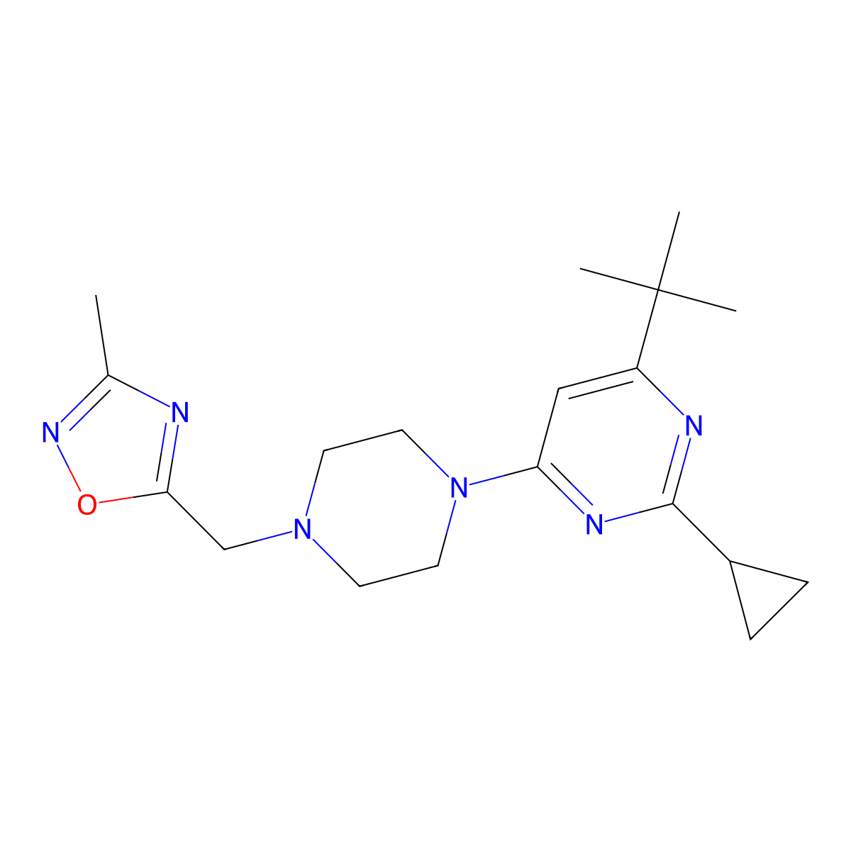 4-Tert-butyl-2-cyclopropyl-6-{4-[(3-methyl-1,2,4-oxadiazol-5-yl)methyl]piperazin-1-yl}pyrimidine molecular structure, CAS 2549032-57-5