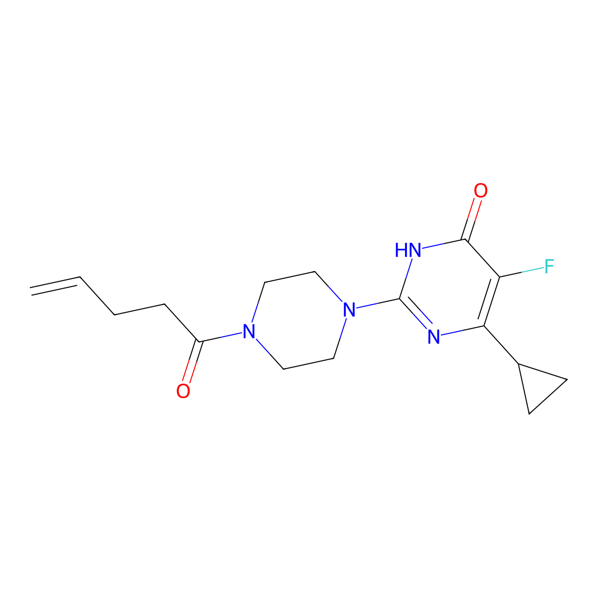 6-Cyclopropyl-5-fluoro-2-[4-(pent-4-enoyl)piperazin-1-yl]-3,4-dihydropyrimidin-4-one molecular structure, CAS 2549032-61-1