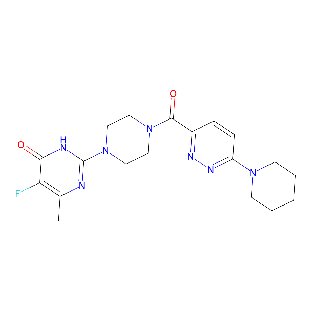 5-Fluoro-6-methyl-2-{4-[6-(piperidin-1-yl)pyridazine-3-carbonyl]piperazin-1-yl}-3,4-dihydropyrimidin-4-one molecular structure, CAS 2549032-65-5