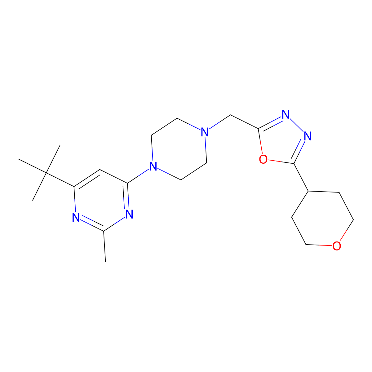 4-Tert-butyl-2-methyl-6-(4-{[5-(oxan-4-yl)-1,3,4-oxadiazol-2-yl]methyl}piperazin-1-yl)pyrimidine molecular structure, CAS 2549032-71-3