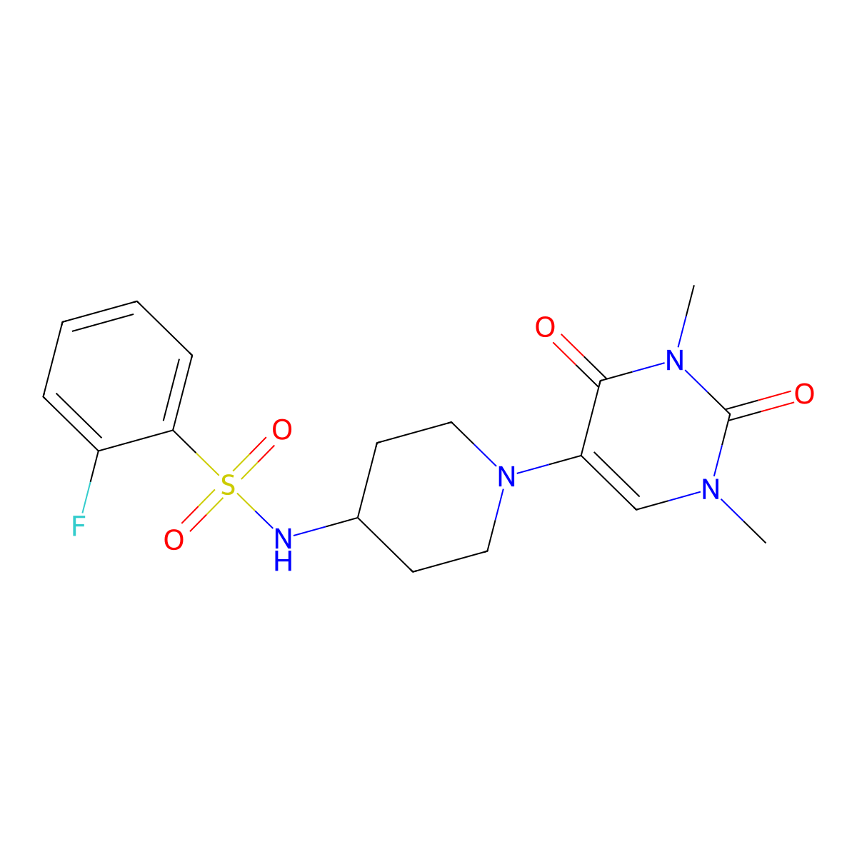 N-[1-(1,3-dimethyl-2,4-dioxo-1,2,3,4-tetrahydropyrimidin-5-yl)piperidin-4-yl]-2-fluorobenzene-1-sulfonamide molecular structure, CAS 2549032-85-9