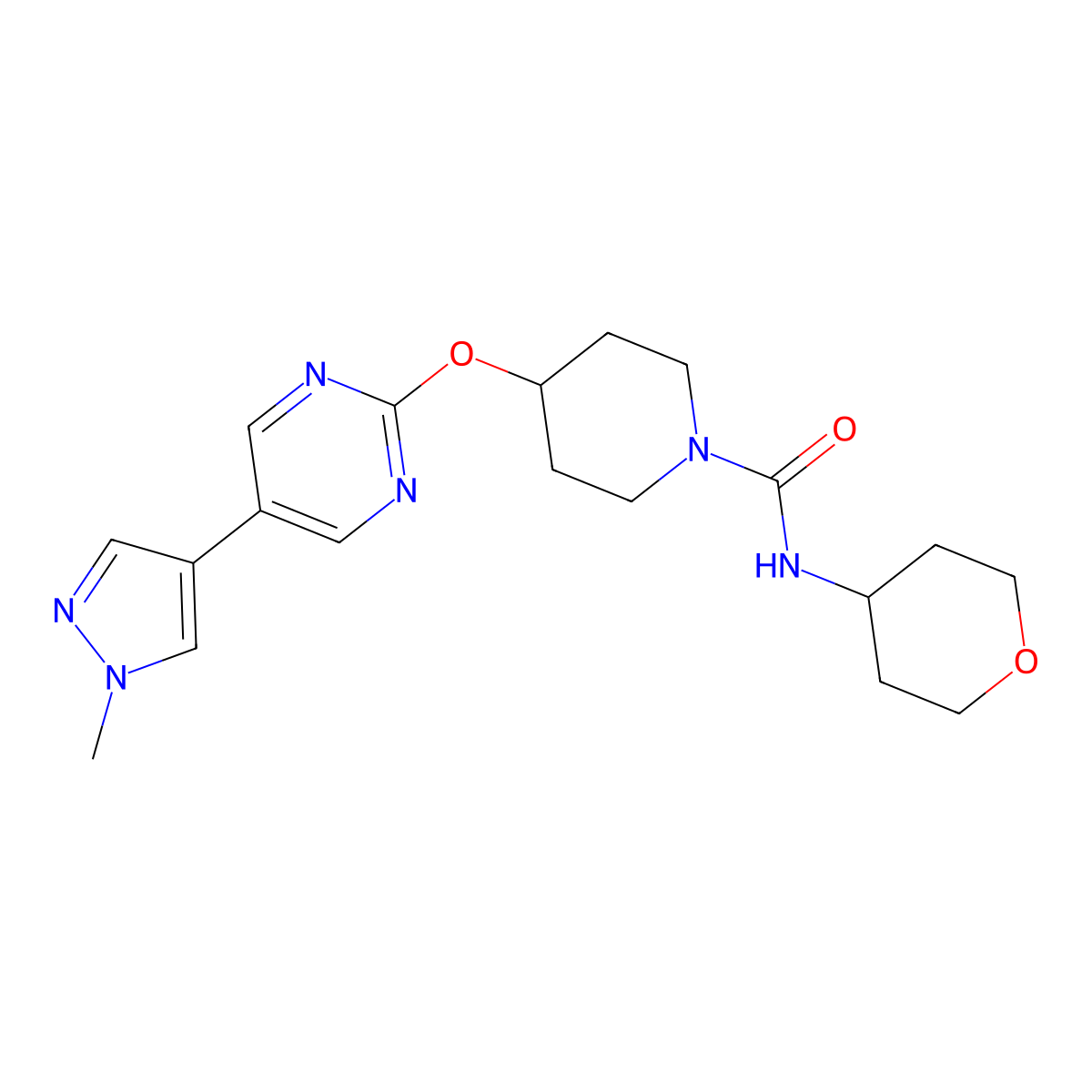 4-{[5-(1-methyl-1H-pyrazol-4-yl)pyrimidin-2-yl]oxy}-N-(oxan-4-yl)piperidine-1-carboxamide molecular structure, CAS 2549032-87-1