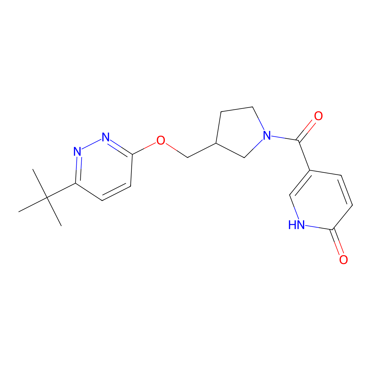 5-(3-{[(6-Tert-butylpyridazin-3-yl)oxy]methyl}pyrrolidine-1-carbonyl)-1,2-dihydropyridin-2-one molecular structure, CAS 2549032-88-2