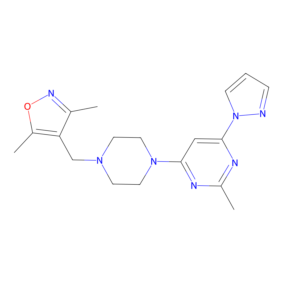 4-{4-[(3,5-dimethyl-1,2-oxazol-4-yl)methyl]piperazin-1-yl}-2-methyl-6-(1H-pyrazol-1-yl)pyrimidine molecular structure, CAS 2549032-90-6