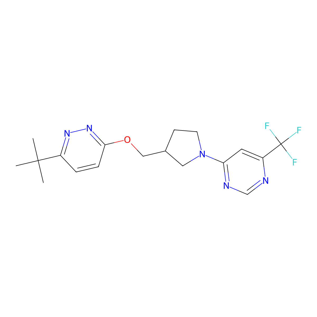 4-(3-{[(6-Tert-butylpyridazin-3-yl)oxy]methyl}pyrrolidin-1-yl)-6-(trifluoromethyl)pyrimidine molecular structure, CAS 2549033-05-6