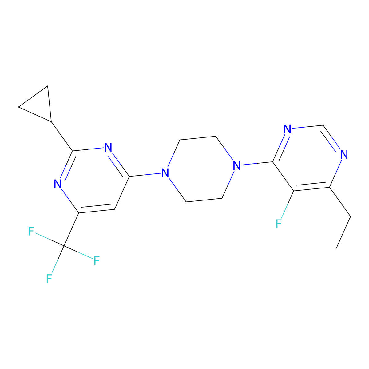 2-Cyclopropyl-4-[4-(6-ethyl-5-fluoropyrimidin-4-yl)piperazin-1-yl]-6-(trifluoromethyl)pyrimidine molecular structure, CAS 2549033-06-7