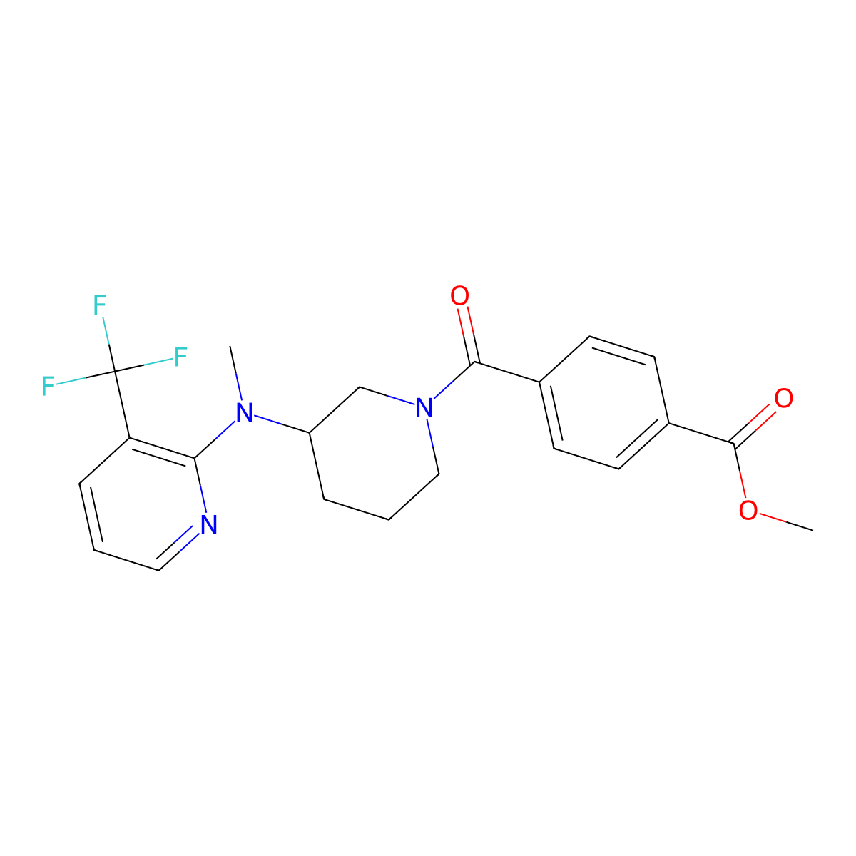 Methyl 4-(3-{methyl[3-(trifluoromethyl)pyridin-2-yl]amino}piperidine-1-carbonyl)benzoate molecular structure, CAS 2549033-11-4