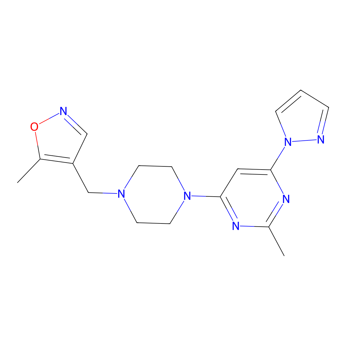 2-methyl-4-{4-[(5-methyl-1,2-oxazol-4-yl)methyl]piperazin-1-yl}-6-(1H-pyrazol-1-yl)pyrimidine molecular structure, CAS 2549033-15-8
