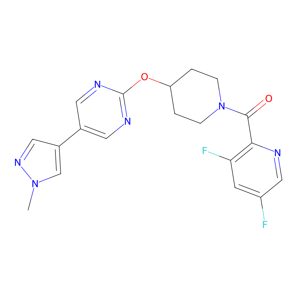 2-{[1-(3,5-difluoropyridine-2-carbonyl)piperidin-4-yl]oxy}-5-(1-methyl-1H-pyrazol-4-yl)pyrimidine molecular structure, CAS 2549033-35-2
