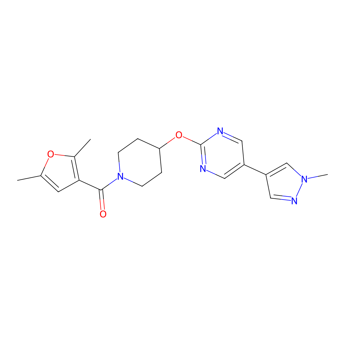 2-{[1-(2,5-dimethylfuran-3-carbonyl)piperidin-4-yl]oxy}-5-(1-methyl-1H-pyrazol-4-yl)pyrimidine molecular structure, CAS 2549033-40-9