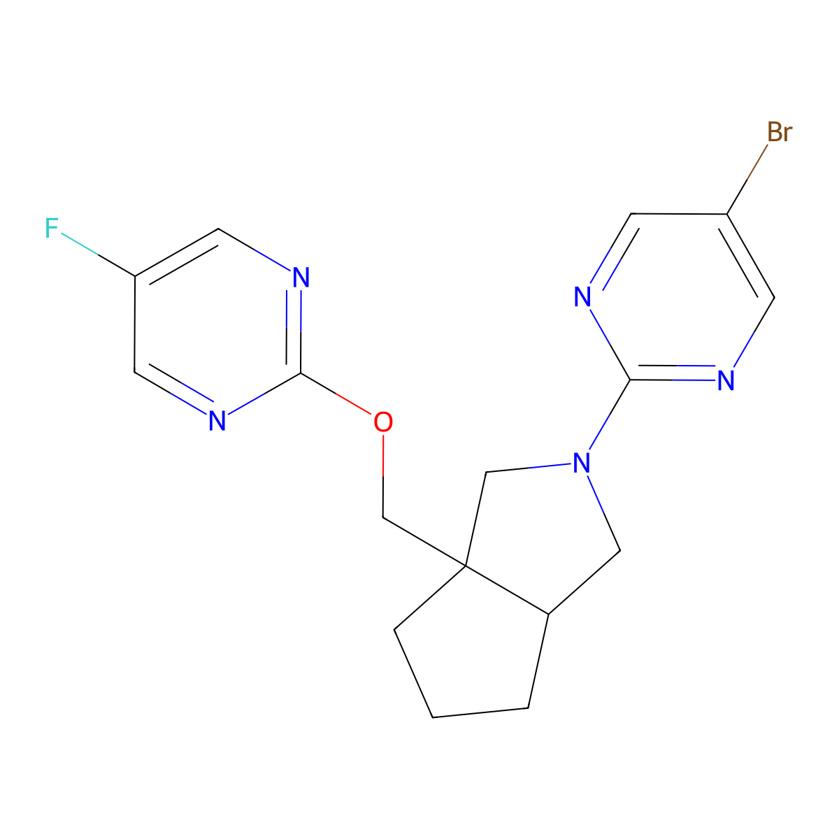 2-(3a-{[(5-Fluoropyrimidin-2-yl)oxy]methyl}-octahydrocyclopenta[c]pyrrol-2-yl)-5-bromopyrimidine molecular structure, CAS 2549033-43-2
