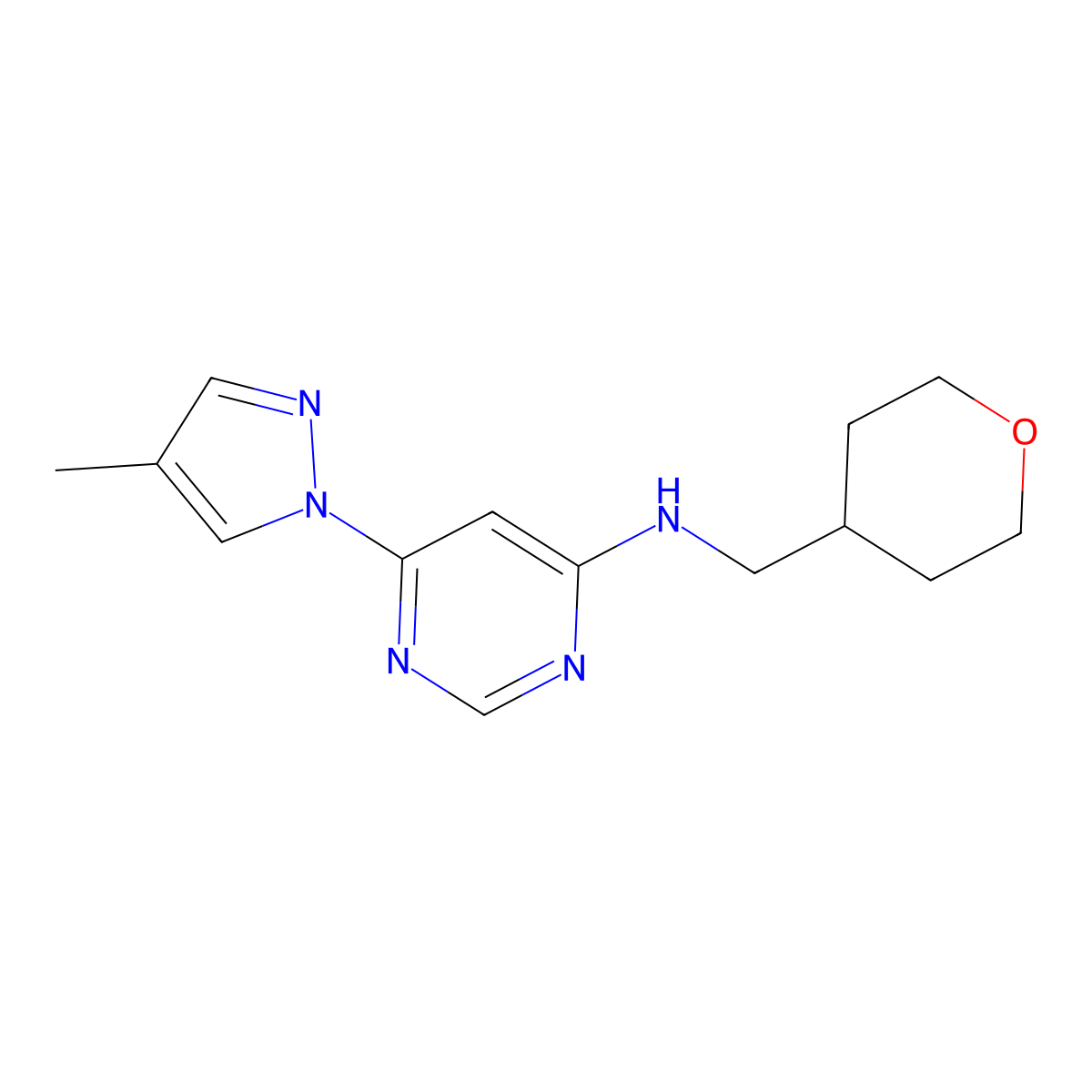 6-(4-methyl-1H-pyrazol-1-yl)-N-[(oxan-4-yl)methyl]pyrimidin-4-amine molecular structure, CAS 2549033-54-5