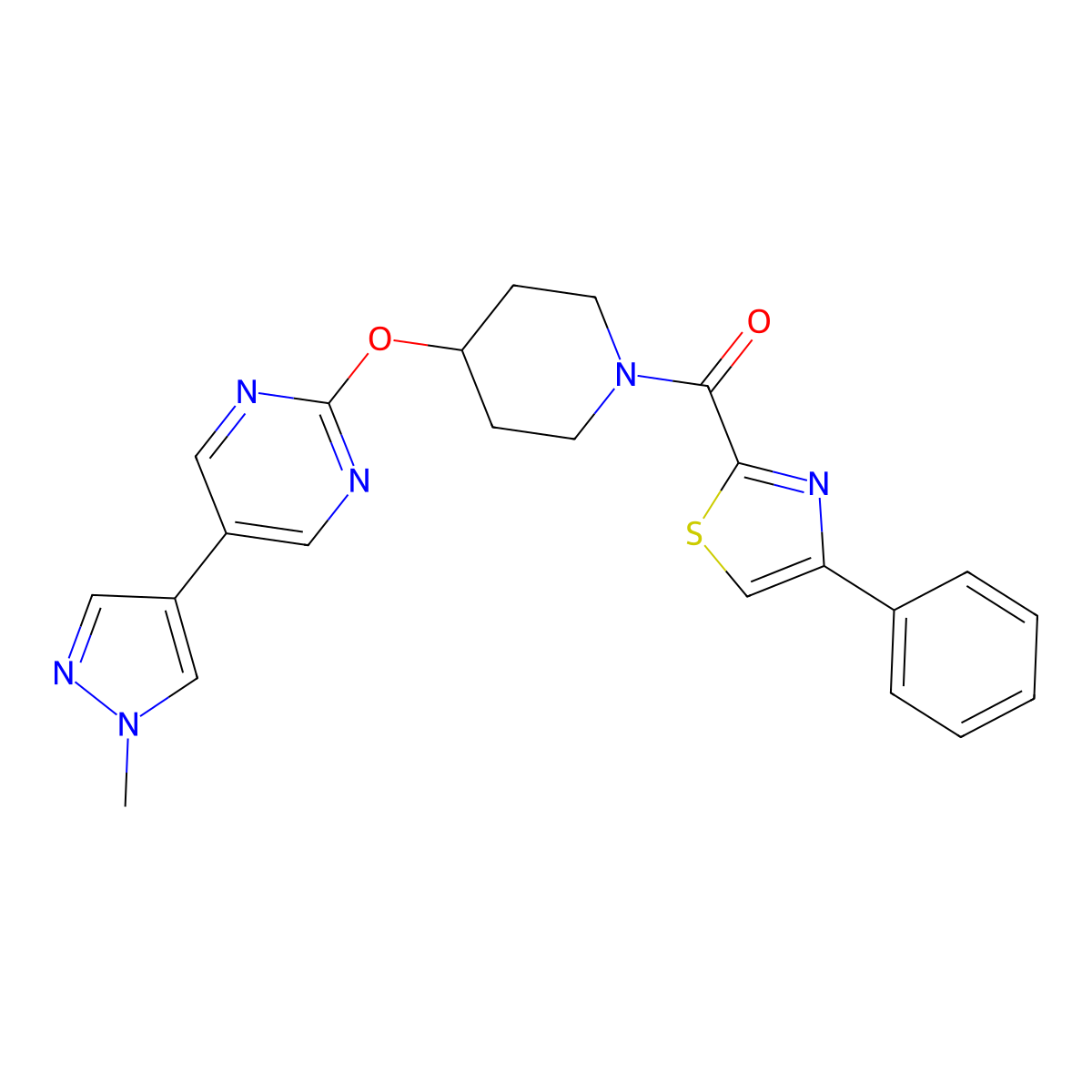 5-(1-methyl-1H-pyrazol-4-yl)-2-{[1-(4-phenyl-1,3-thiazole-2-carbonyl)piperidin-4-yl]oxy}pyrimidine molecular structure, CAS 2549033-67-0