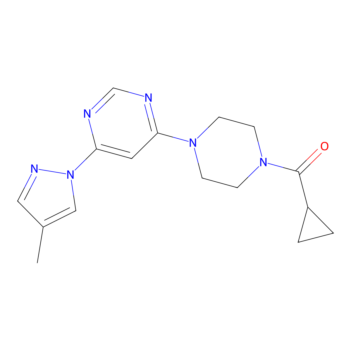 4-(4-cyclopropanecarbonylpiperazin-1-yl)-6-(4-methyl-1H-pyrazol-1-yl)pyrimidine molecular structure, CAS 2549033-69-2