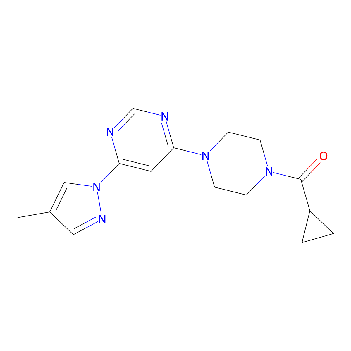 4-(4-cyclopropanecarbonylpiperazin-1-yl)-6-(4-methyl-1H-pyrazol-1-yl)pyrimidine molecular structure, CAS 2549033-69-2