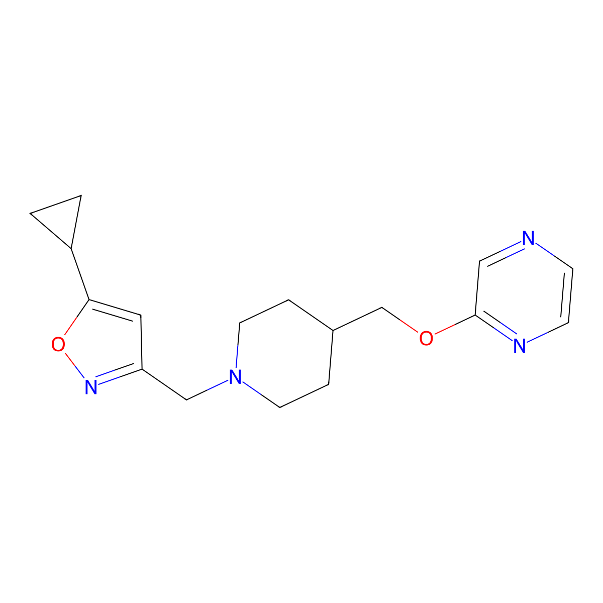 2-({1-[(5-Cyclopropyl-1,2-oxazol-3-yl)methyl]piperidin-4-yl}methoxy)pyrazine molecular structure, CAS 2549033-70-5