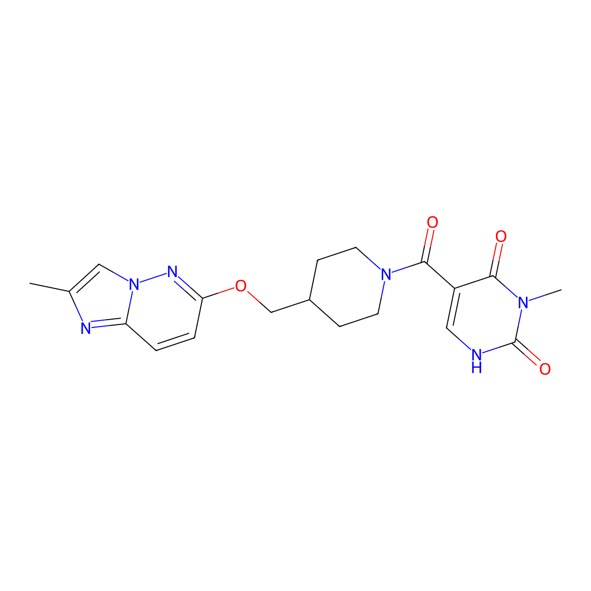 3-Methyl-5-{4-[({2-methylimidazo[1,2-b]pyridazin-6-yl}oxy)methyl]piperidine-1-carbonyl}-1,2,3,4-tetrahydropyrimidine-2,4-dione molecular structure, CAS 2549033-72-7