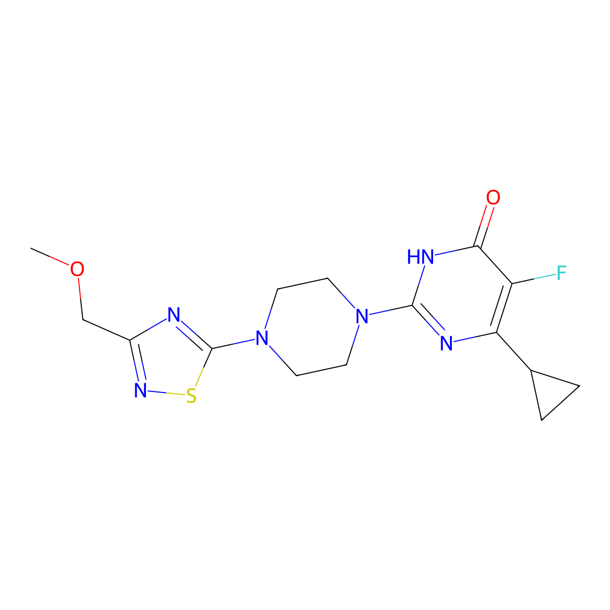 6-Cyclopropyl-5-fluoro-2-{4-[3-(methoxymethyl)-1,2,4-thiadiazol-5-yl]piperazin-1-yl}-3,4-dihydropyrimidin-4-one molecular structure, CAS 2549033-73-8