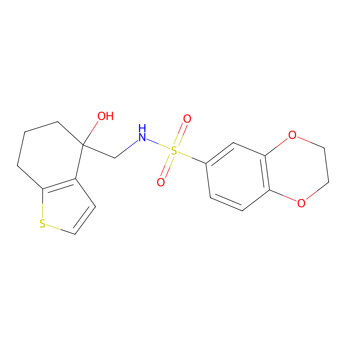 N-[(4-hydroxy-4,5,6,7-tetrahydro-1-benzothiophen-4-yl)methyl]-2,3-dihydro-1,4-benzodioxine-6-sulfonamide molecular structure, CAS 2549033-74-9