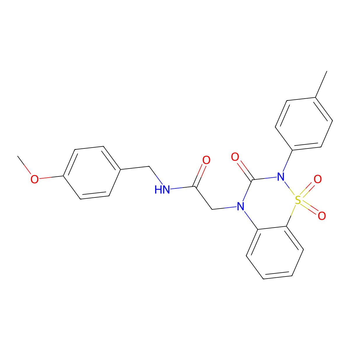 2-(1,1-dioxido-3-oxo-2-(p-tolyl)-2H-benzo[e][1,2,4]thiadiazin-4(3H)-yl)-N-(4-methoxybenzyl)acetamide molecular structure, CAS 2549033-76-1