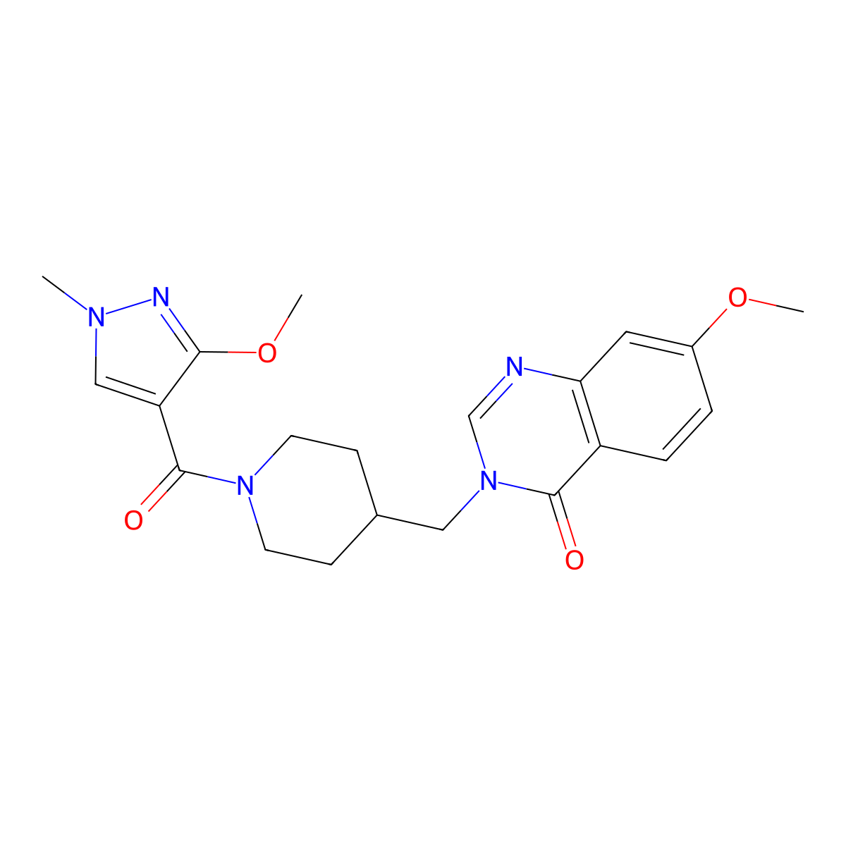 7-methoxy-3-{[1-(3-methoxy-1-methyl-1H-pyrazole-4-carbonyl)piperidin-4-yl]methyl}-3,4-dihydroquinazolin-4-one molecular structure, CAS 2549033-80-7