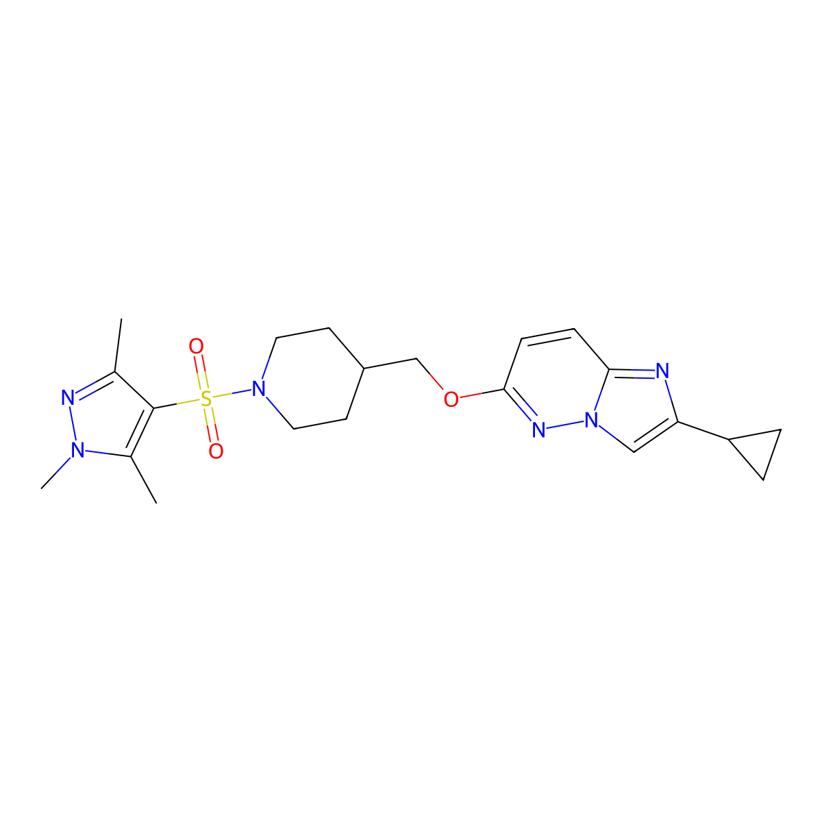4-[({2-cyclopropylimidazo[1,2-b]pyridazin-6-yl}oxy)methyl]-1-[(1,3,5-trimethyl-1H-pyrazol-4-yl)sulfonyl]piperidine molecular structure, CAS 2549033-84-1